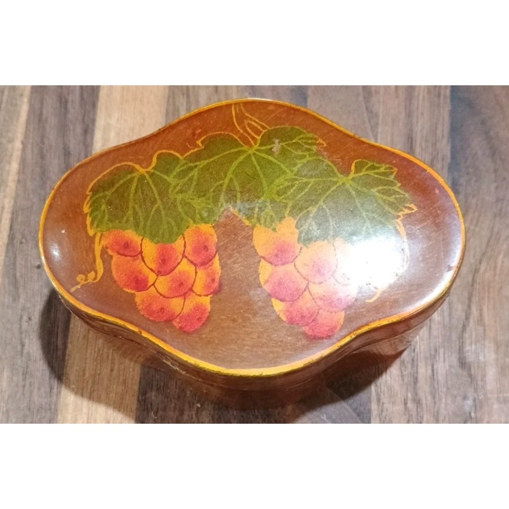 Small Brown Lacquered Jewelry Box Lined In Red With Printed Grapes